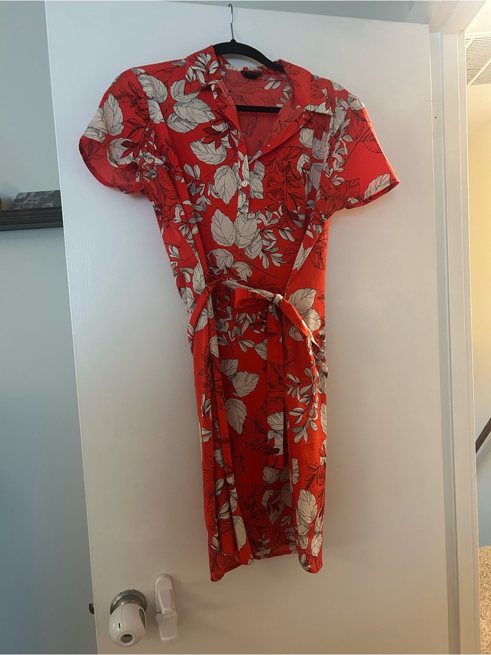 Ann Taylor Red/OrangeFloral Short-Sleeve Wrap-Style Dress